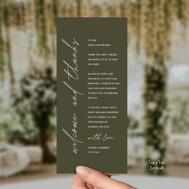 Programme Modern Wedding Reception Dinner Thank You Card (Welcome and thanks, Modern Wedding Reception Dinner Thank You card, family friends in olive green)