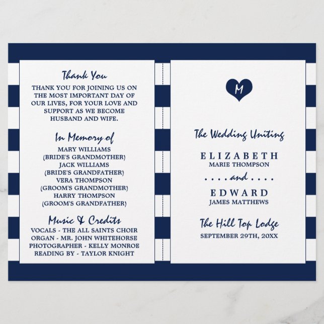 Programme moderne de mariage blanc et bleu marine  (Devant)