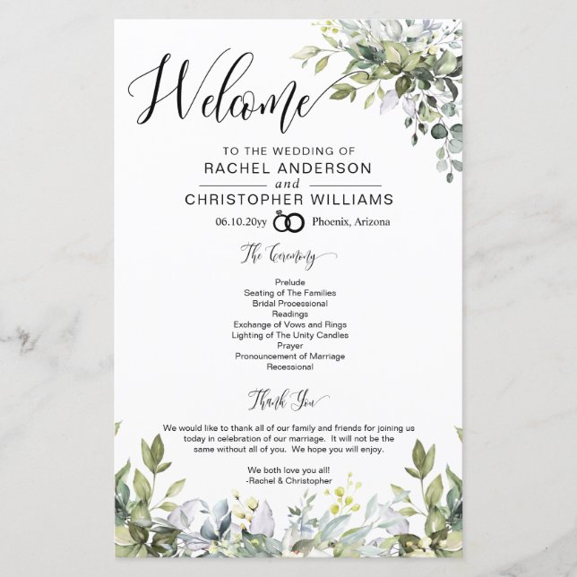Programme moderne de mariage Boho vert (Devant)