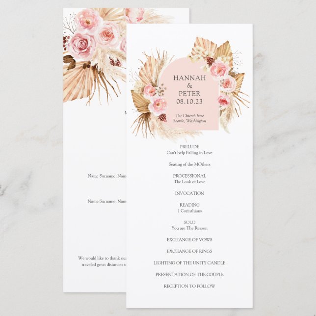 Programme moderne de mariage floral en laiton Boho (Devant / Derrière)