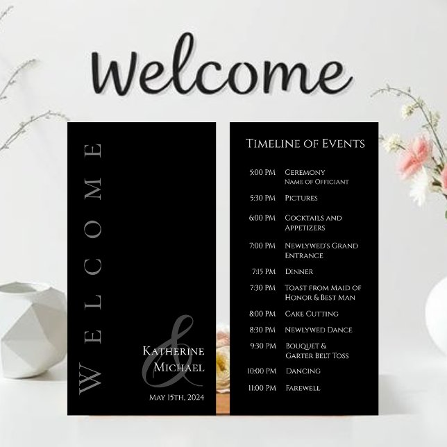 Programme moderne de mariage simple noir et blanc  (Minimalist Modern Black and White Welcome Wedding Program-Timeline of Events)