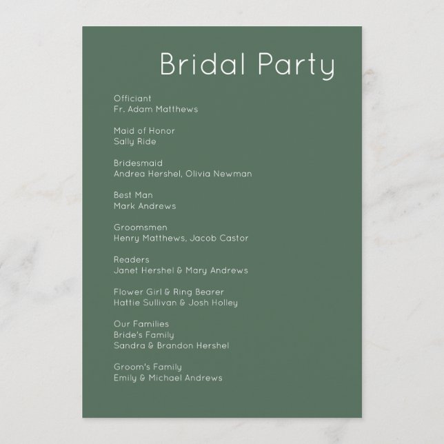 Programme Moderne Retro Blanc & Olive Green Mariage (Dos)