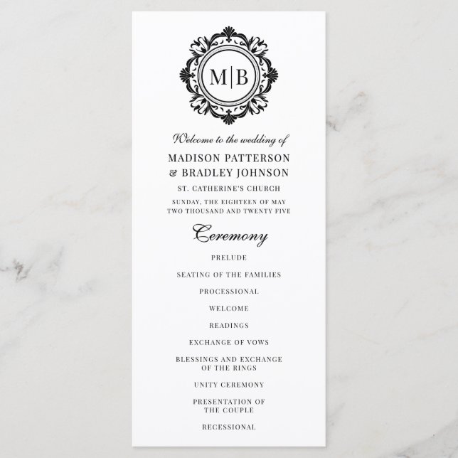 Programme Monogramme Floral Orné Mariage Élégant noir blanc (Devant)