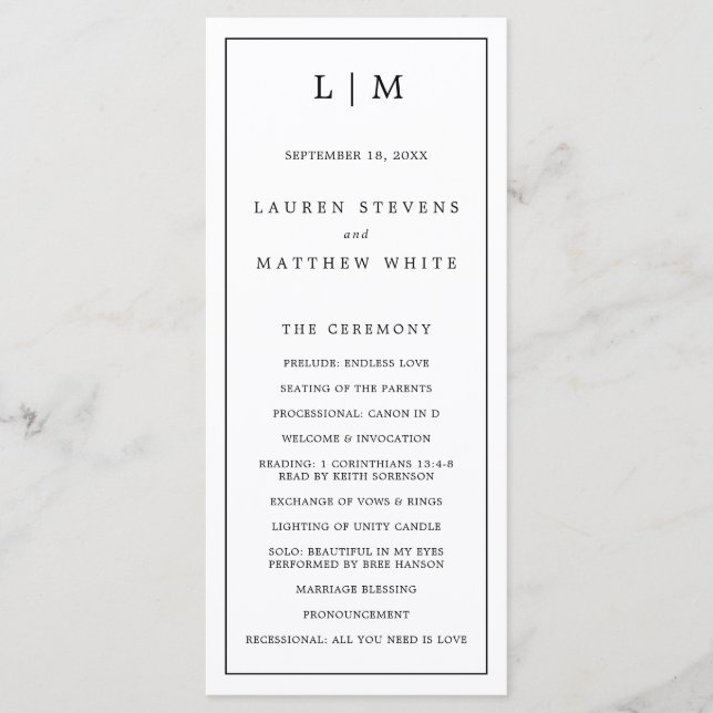 Programme Monogramme simple noir et blanc pour un mariage él (Devant)