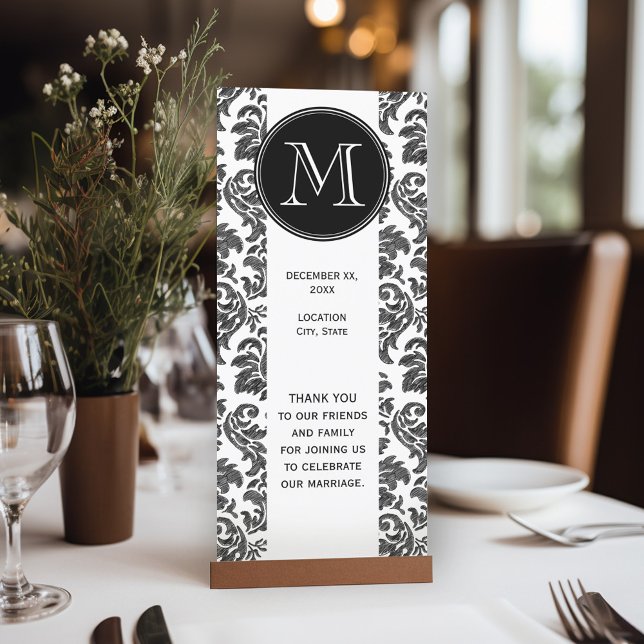 Programme Motif damassé de tableau noir et blanc (Wedding Program Table Card)