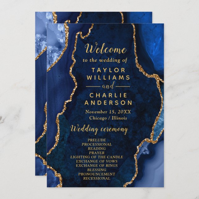 Programme Navy Blue and Gold Agate Wedding Program (Devant / Derrière)
