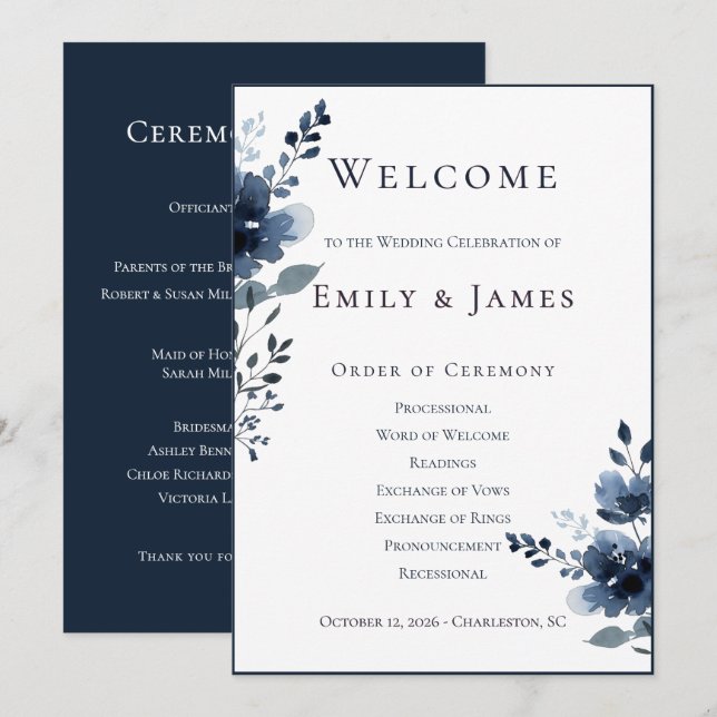 Programme Navy Blue Botanical Wedding (Devant / Derrière)