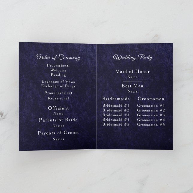 Programme Navy Blue Velvet White Folded Wedding Program (Intérieur)
