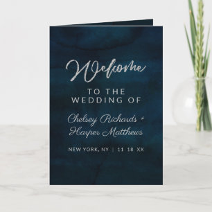 Programme Navy Luster Dark Blue Watercolor Wedding Ceremony