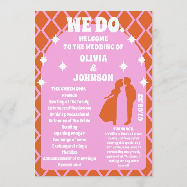 Programme Orange Retro Boho Mariage Ordre de service (Devant)