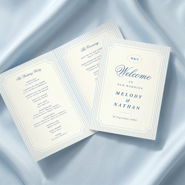 Programme Papier Plié Mariage Rayures Bleu Clair Classique (classic light blue stripes folded wedding paper program)