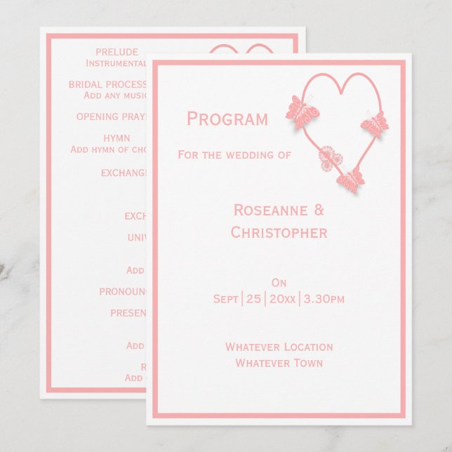 Programme Papillons de couleur rose Mariage de conception ca (Devant / Derrière)