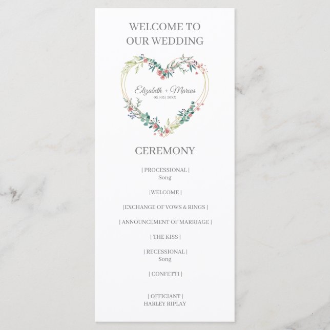 Programme Pink Shades Heart on Wildflowers for Wedding (Devant)