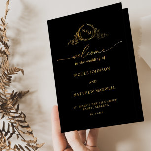 Programme plié de Mariage de monogramme noir et or