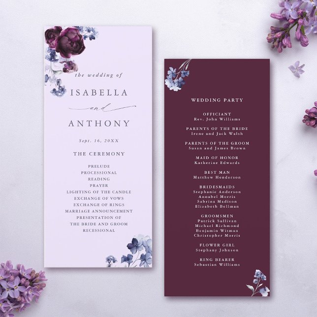 Programme Plum violet & Indigo Bleu Élégant Mariage floral (Front & Back)