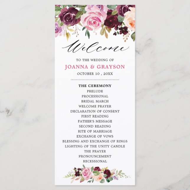 Programme Plum violet rose pâle Mariage végétal (Devant)