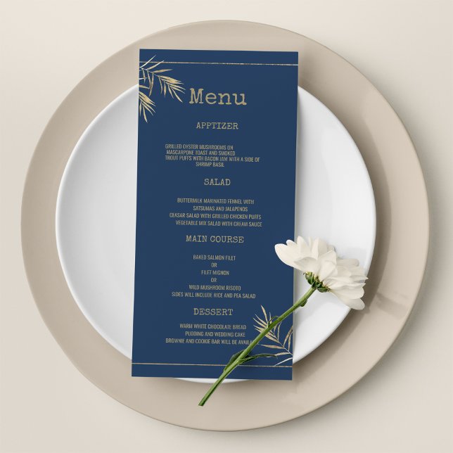 Programme Police de police de caractères de la feuille d'or  (Navy blue gold leaf typewriter font Wedding Menu)