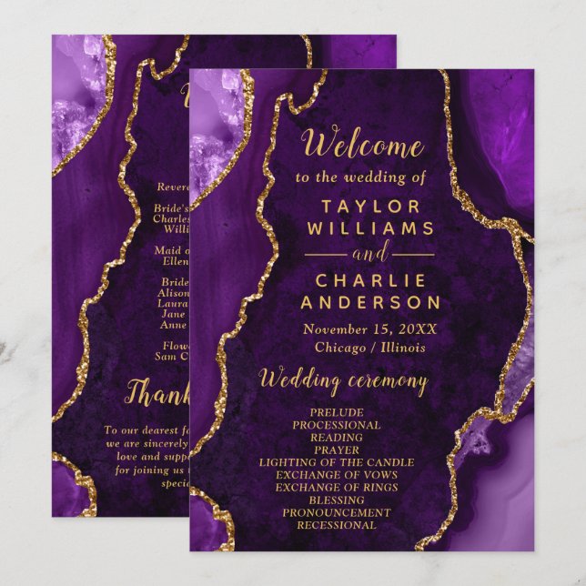 Programme Purple and Gold Agate Wedding Program (Devant / Derrière)