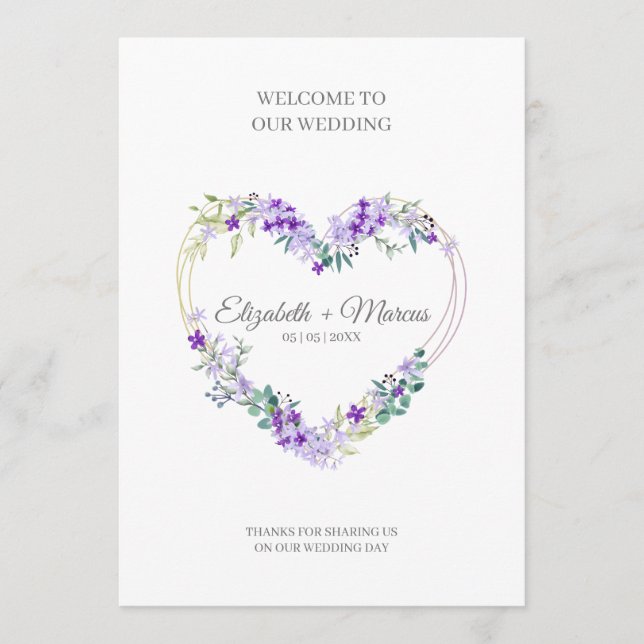 Programme Purple Floral Heart for Wedding Sand Ceremony (Devant)