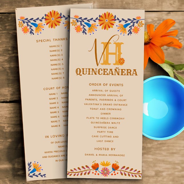 Programme Quinceanera Ouest Mexicaine Floral Monogramme (Monogrammed programs for Quinceanera or other occasion with western boho mexican floral design)