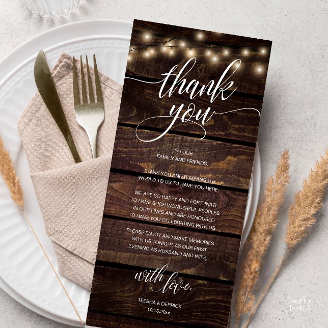 Programme Réception de mariage rustique Boho (Modern Rustic Wedding Reception Dinner Lunch Brunch Thank You Card String Lights Dark Wood)