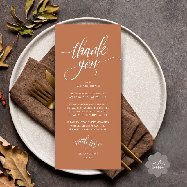 Programme Réception de mariage rustique moderne (Modern Romantic Wedding Reception Dinner Thank You Card in Copper Brown Terracotta)