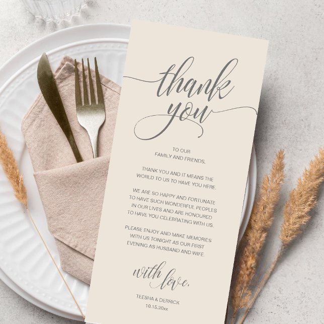 Programme Réception de mariage rustique moderne (Modern Romantic Wedding Reception Dinner Thank You Card in Cream Grey)