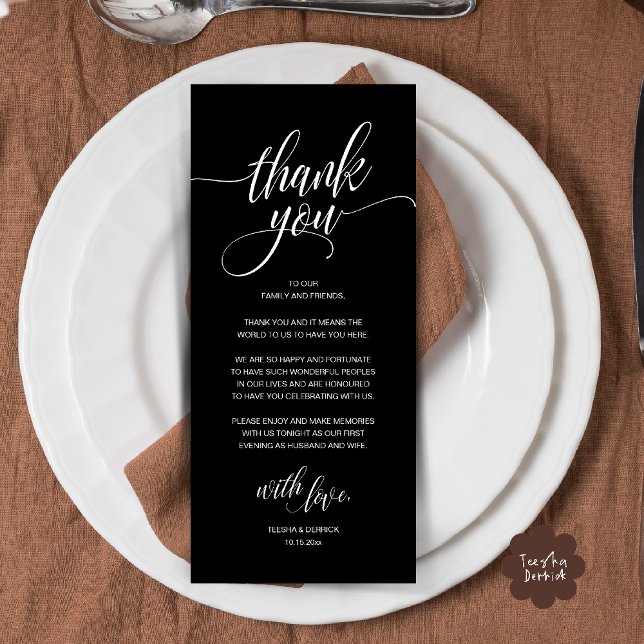 Programme Réception de mariage rustique moderne (Modern Romantic Wedding Reception Dinner Thank You Card in Black White)