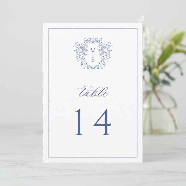 Programme Regency Blue Monogram Crest Mariage Numéro de tabl (Debout devant)