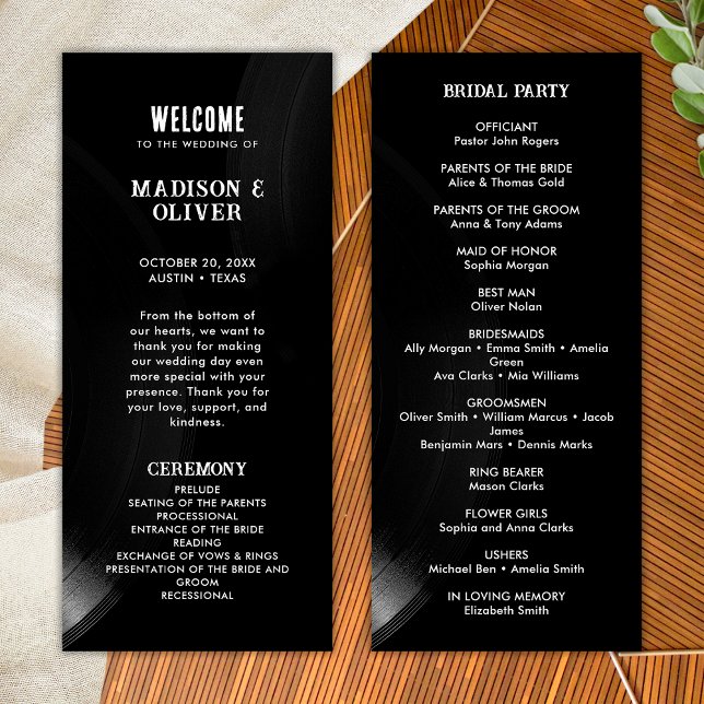 Programme Retro Black and White Vinyl Record Wedding Program (Front/Back)