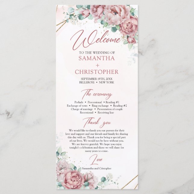 Programme Rose de Bohême pivoines eucalyptus or (Devant)