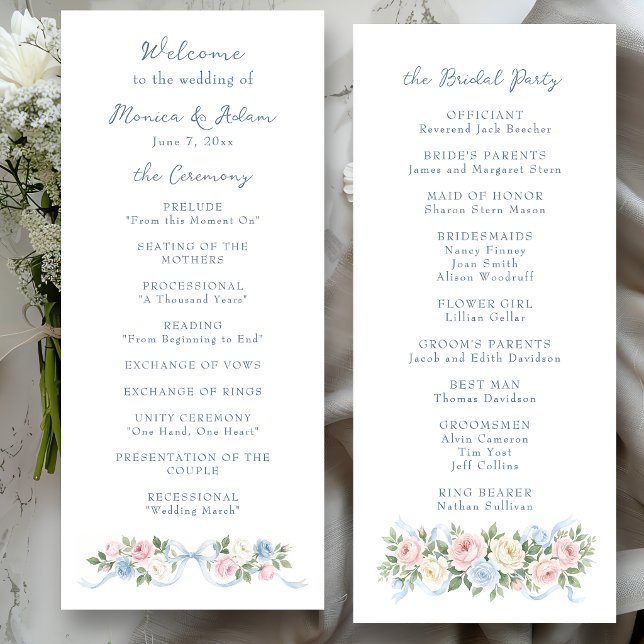 Programme Roses pastel rose, blanches et bleues & ruban (Créateur téléchargé)
