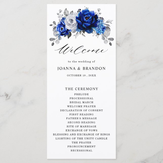 Programme Royal Bleu Blanc Argent Métallo Mariage Floral (Devant)