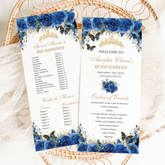 Programme Royal Blue Floral or Quinceañera Ordre des événeme (Créateur téléchargé)