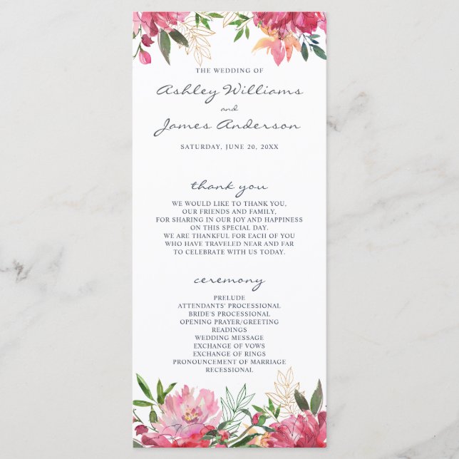 Programme Ruby Pink Peony Mariage botanique (Devant)