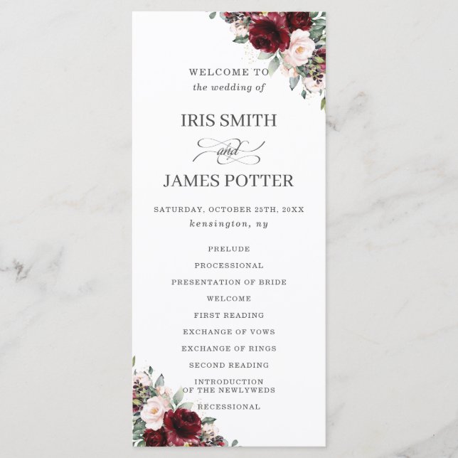 Programme Rustic Blush Pink Bourgogne Floral Wedding Program (Devant)