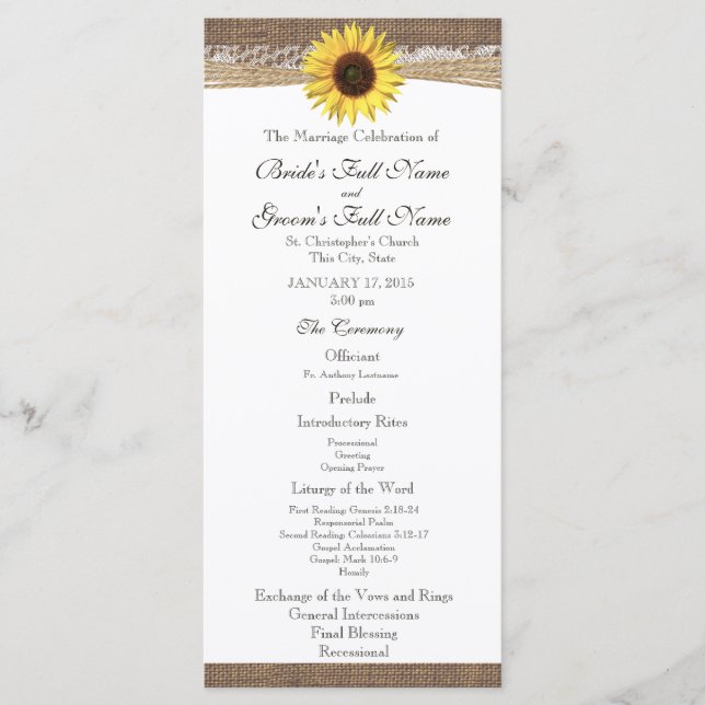 Programme Rustic Burlap and Sunflower Wedding Program (Devant)