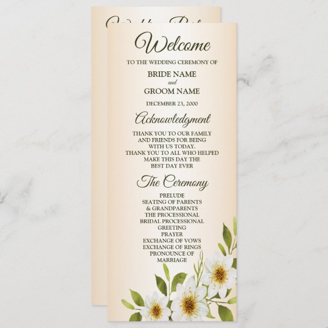 Programme Rustic Golden Frame White Floral Peach Wedding (Devant / Derrière)
