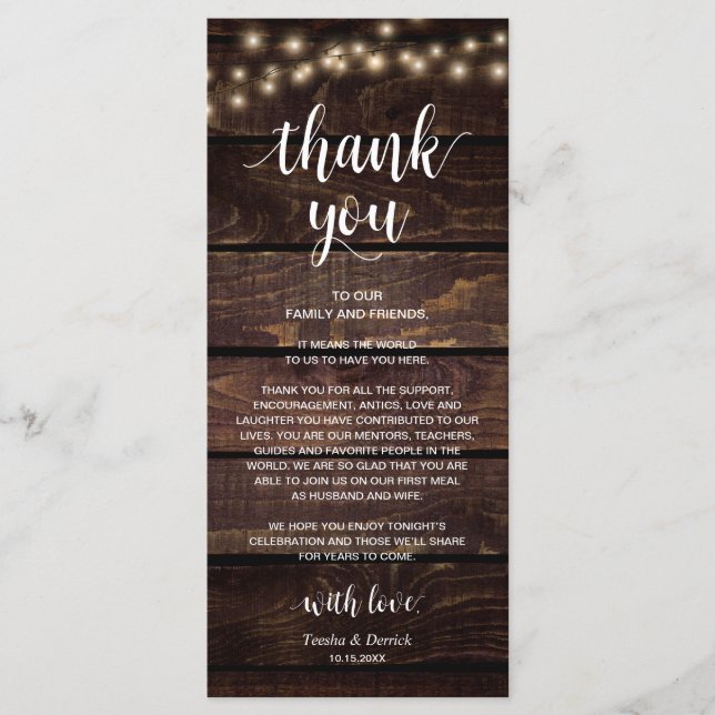 Programme Rustic String Lights, Place Setting Thank You (Devant)