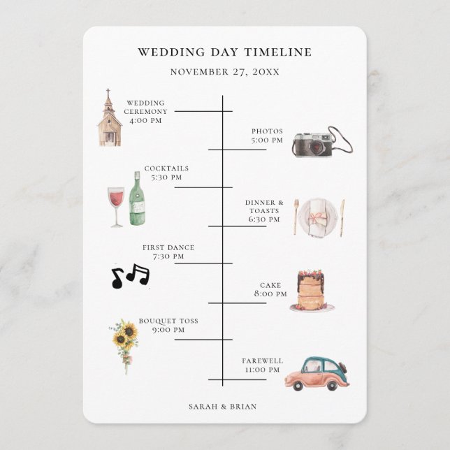 Programme Rustic Watercolor Wedding Day Event Timeline (Devant)
