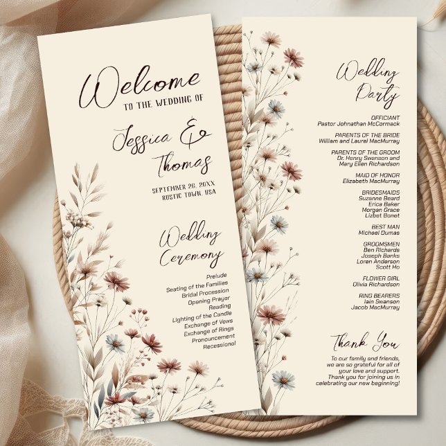 Programme Rustique Boho Chic Fleur sauvage Earthtone Mariage (Front/Back)