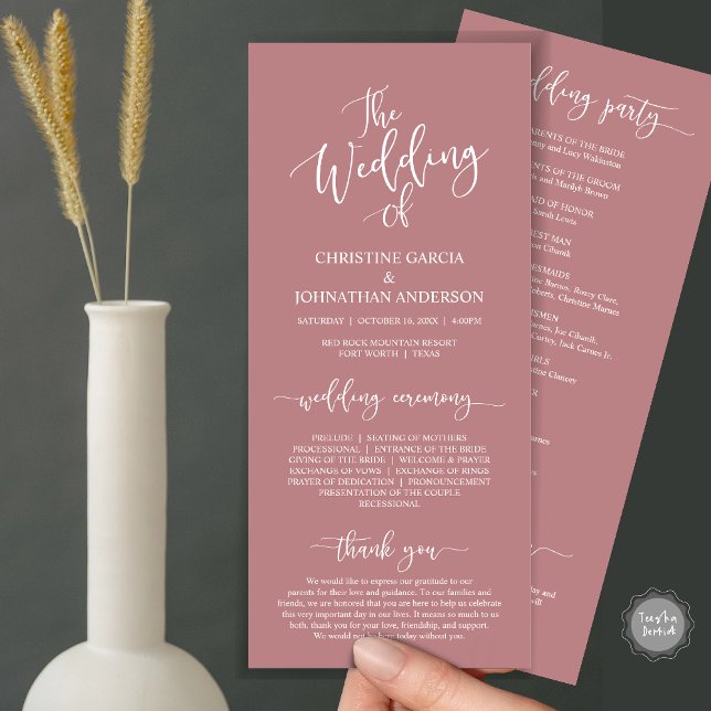 Programme Script élégant moderne, Cérémonie Mariage (Wedding Program Ceremony Card, Modern Romantic Script, Dusty Rose Red Pink)