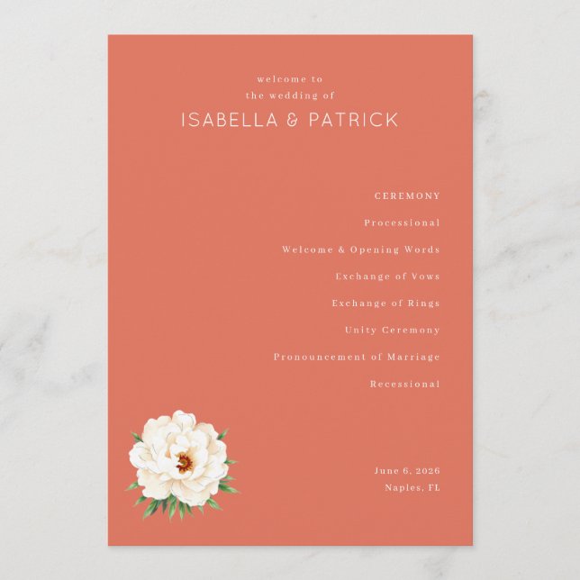 Programme Serene Coral Floral Wedding Ceremony Schedule (Devant)