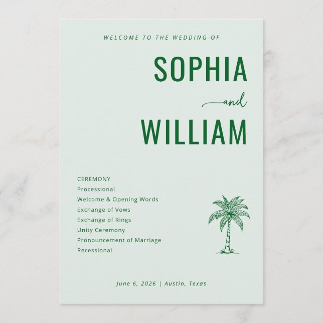 Programme Serene Green Palm Tree Wedding Ceremony (Devant)