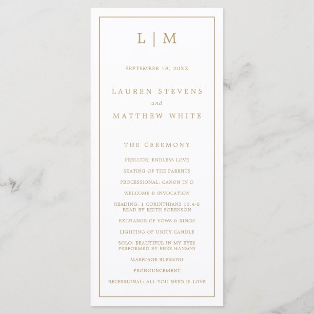 Programme Simple Antique Or Monogramme Mariage élégant (Devant)