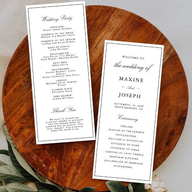 Programme Simple Élégant Formel Mariage Blanc & Noir (Elegant white and black wedding program guides guests through your day with style.)