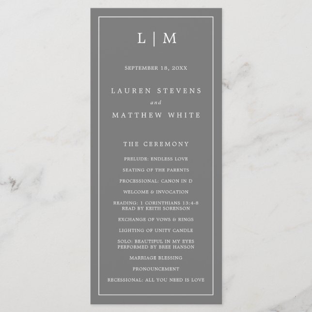 Programme Simple Mariage Élégant Monogramme Gris Foncé (Devant)