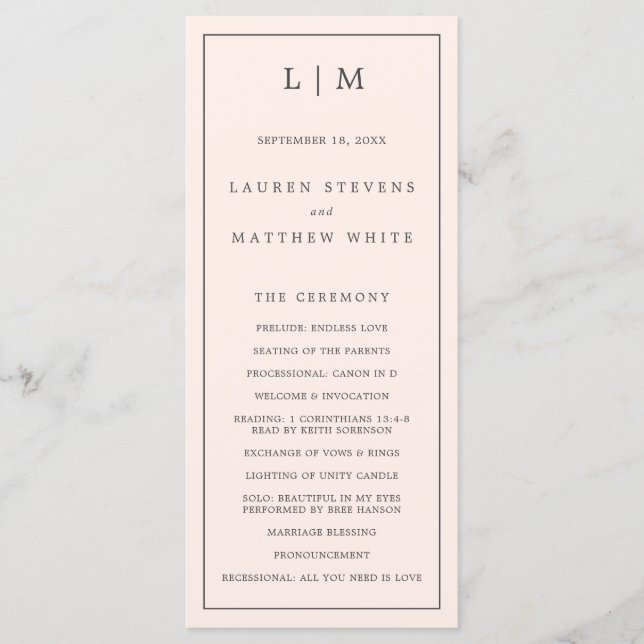 Programme Simple Monogramme Rose Pâle Mariage Élégant (Devant)