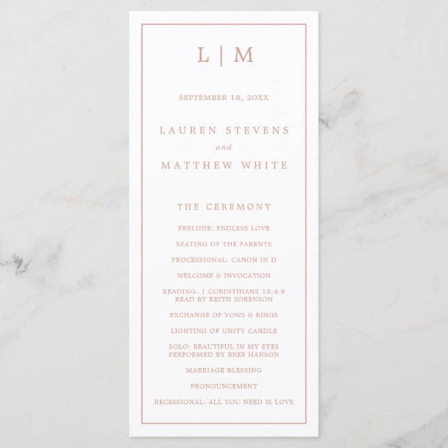 Programme Simple Rose Monogramme Rose Élégant Mariage (Devant)