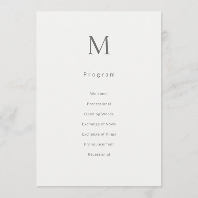 Programme Single Initial Civil Wedding Program Card (Devant)